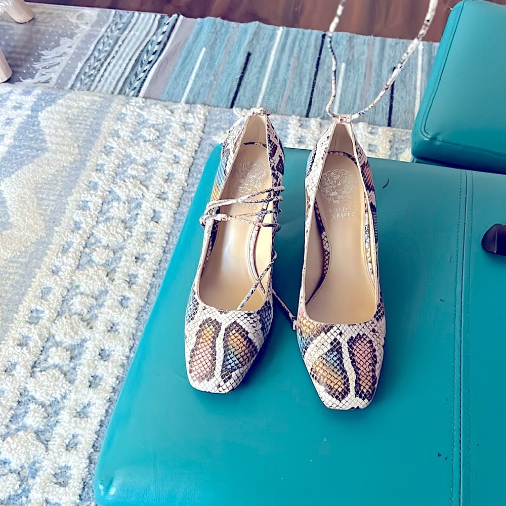 3.5 inches for the heels. Vince Camuto Damell Lace Up Snake Print Heels